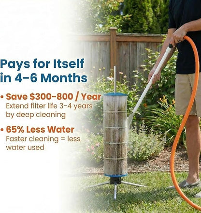 CYCLONE FILTER CLEANER PRO – Patented Hose-Powered Spinning Cartridge Filter Cleaning Tool with Folding Tripod Stand & Pro Tool Bag – Cleans 5X Faster – Fits 3”, 4”, 6” ID Pool Filters