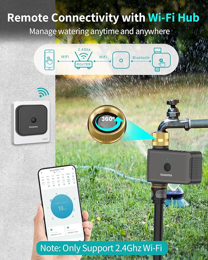 WiFi Hose Timer with Brass Inlet, Smart Water Timer 1 Zone, Sprinkler Timer w/WiFi hub for Remote Control via 2.4Ghz WiFi, Voice/App Controls with Alexa & Google Assistant, for Lawns Yards