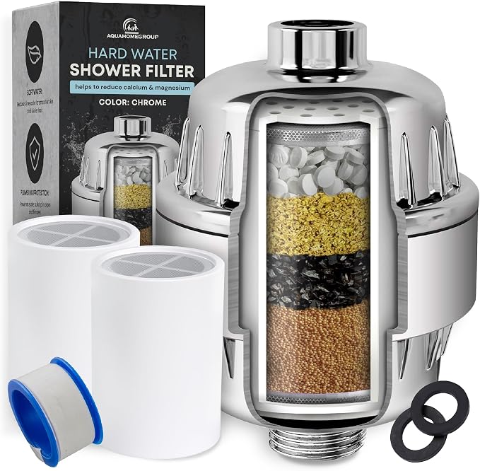 AquaHomeGroup Shower Head Filter (1 Cartridges Included) – High-Pressure Shower Filter for Particle Build up & Residue Reduction – 5 Stage Filtration with Resin, Carbon & KDF – Universal Fit