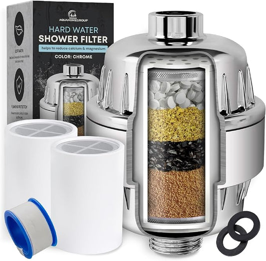 AquaHomeGroup Shower Head Filter (1 Cartridges Included) – High-Pressure Shower Filter for Particle Build up & Residue Reduction – 5 Stage Filtration with Resin, Carbon & KDF – Universal Fit