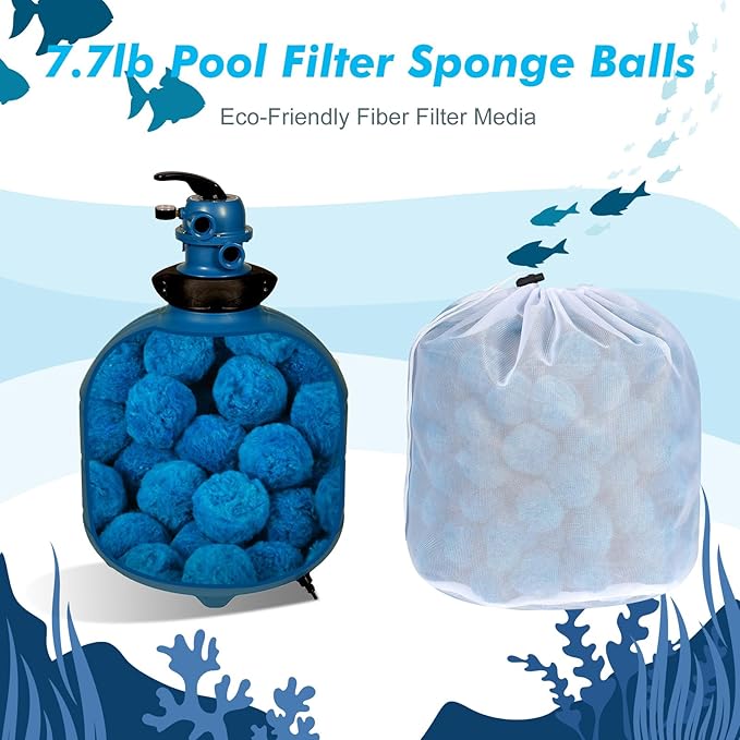 Zubebe 7.7 lbs Pool Filter Media Balls Fiber Filter Media for Swimming Pool Sand Filters and Bath Center Bathtubs Spas Aquarium Grime Cleaning Scum (Blue)