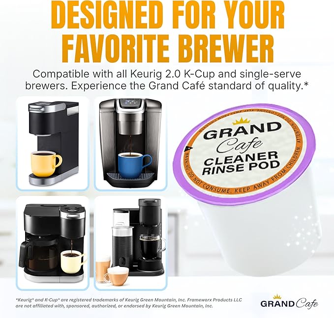 Grand Cafe Keurig Cleaning Pods (20 Pack) - K Cup Cleaner & Rinse Pods for Keurig, Descaler for Coffee Machines, Coffee Maker Descaling Kit, 1.0 & 2.0 Compatible