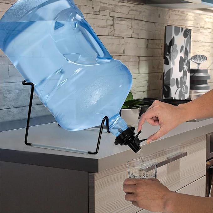 Brio Metal Plated 3-5 Gallon Water Jug Stand and 2 Dispenser Valves, Rust-Resistant Non Slip Water Stand with BPA Free Fast Flow Water Spout Fits Both 48mm and 55mm Bottles 2 CAPS Included (Black)
