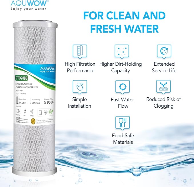 CTO20BB 5 Micron 4.5" x 20" Carbon Block Water Filter Set – Replacement Cartridges for Whole House and Under Sink Systems, Universal Standard Size (1, 20 x 4.5)