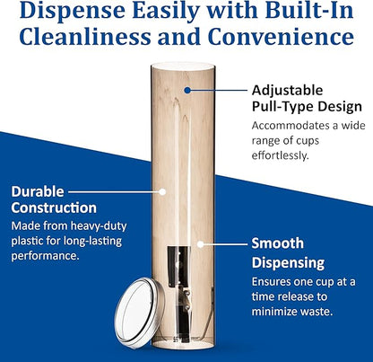 San Jamar Large Pull-Type Cup Dispenser 6-12 Oz. Flat Cups, 4.5 - 7 Oz Cone Cupz with Flip Cap for Restaurants, Home, and Office, Plastic, 16 Inches, Brown