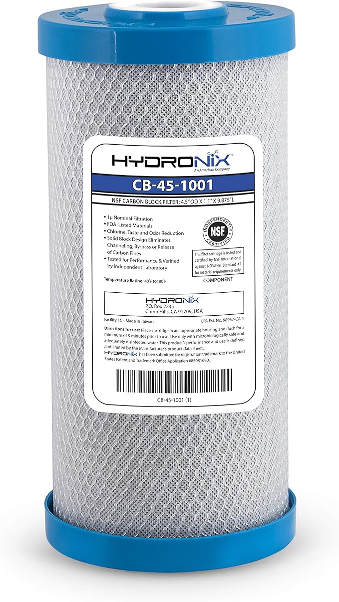 Hydronix CB-45-1001 Whole House Commercial Hydroponics RO NSF Activated Carbon Block Water Filter, 4.5" x 10", 1 Micron