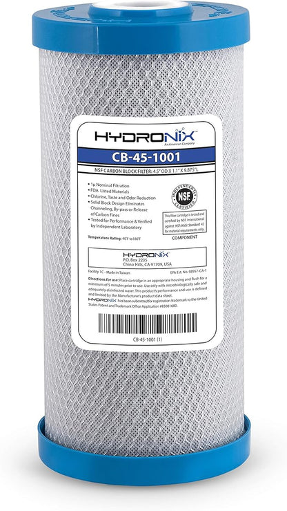 Hydronix CB-45-1001 Whole House Commercial Hydroponics RO NSF Activated Carbon Block Water Filter, 4.5" x 10", 1 Micron