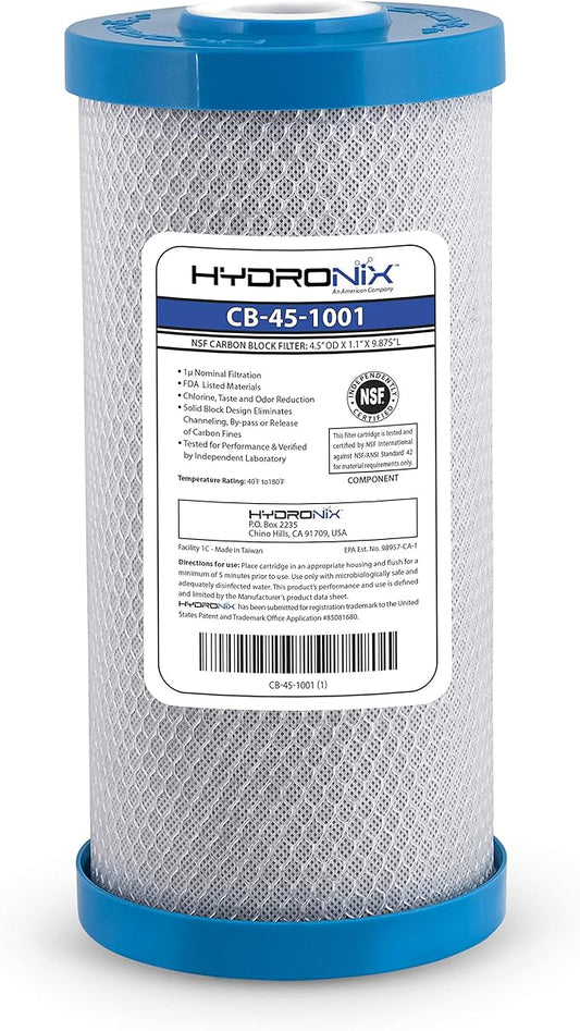 Hydronix CB-45-1001 Whole House Commercial Hydroponics RO NSF Activated Carbon Block Water Filter, 4.5" x 10", 1 Micron