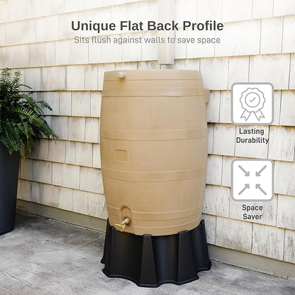 RTS Home Accents 50-Gallon Rain Barrel, Flat Back Rain Water Collection Barrel, Stand Included, Oak Color