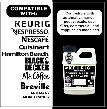 Tillbrook Coffee Machine Descaler - 1 YEAR SUPPLY Concentrated Descaler for Keurig - 16oz Coffee Maker Cleaner for Breville, Nespresso, Delonghi, Espresso Machine - 4 Uses - Safe, Natural, Effective