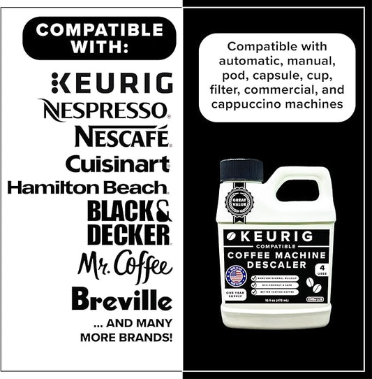 Tillbrook Coffee Machine Descaler - 1 YEAR SUPPLY Concentrated Descaler for Keurig - 16oz Coffee Maker Cleaner for Breville, Nespresso, Delonghi, Espresso Machine - 4 Uses - Safe, Natural, Effective