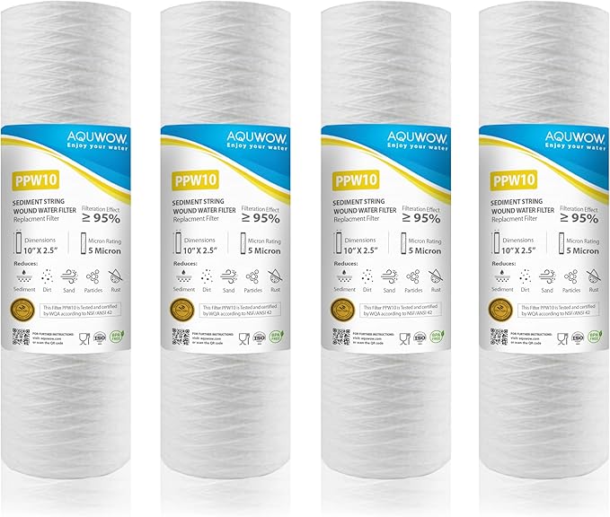 PPW10 5 Micron 2.5" x 10" String Wound Sediment Filter Set – Replacement Cartridges for Whole House & Under Sink Systems, Durable Depth Filtration (4, 10 x 2.5)