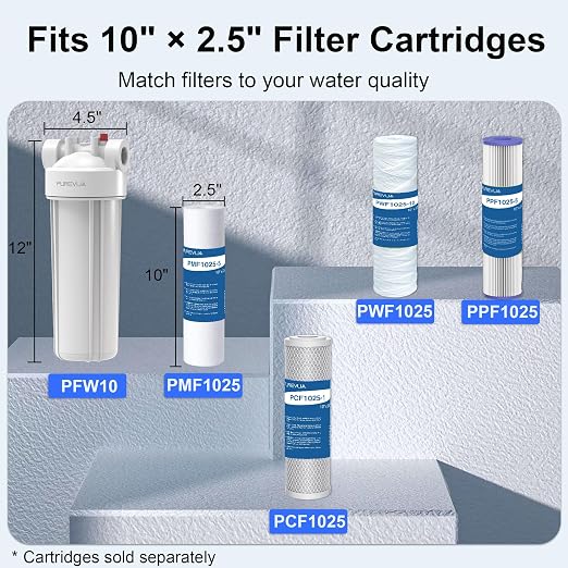 PFW10 Whole House Water Filter Housing, Fits 10” x 2.5” Big Filters, Inline Pre-Filtration System for RV, Home Well and City Water Sediment etc with 3/4" NPT Port, Pressure Relief Valve