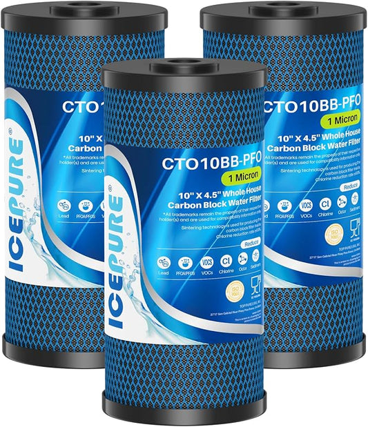 ICEPURE 1 Micron 10" x 4.5" Whole House PFOA/PFOS Carbon Water Filter Cartridge Replacement for Dupont WFHDC8001,EP Series,EPM Series,CB-BB-10, GE FXHTC, GXWH40L, GXWH35F, GNWH38S, CTO10BB, Pack of 3