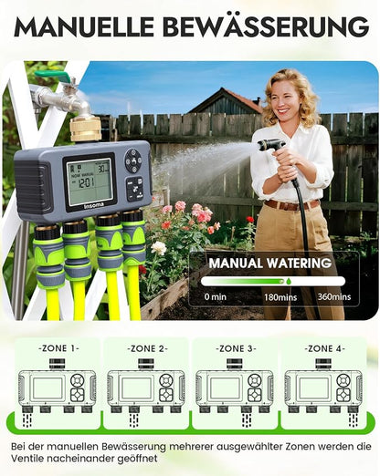 Insoma Water Timer 4 Zones with Brass Inlet & Outlet, Automatic Garden Hose Timer with Manual/Rain Delay & Large Display, IPX5 Waterproof Faucet Timers for Sprinkler System, Yard, Lawn, Greenhouse