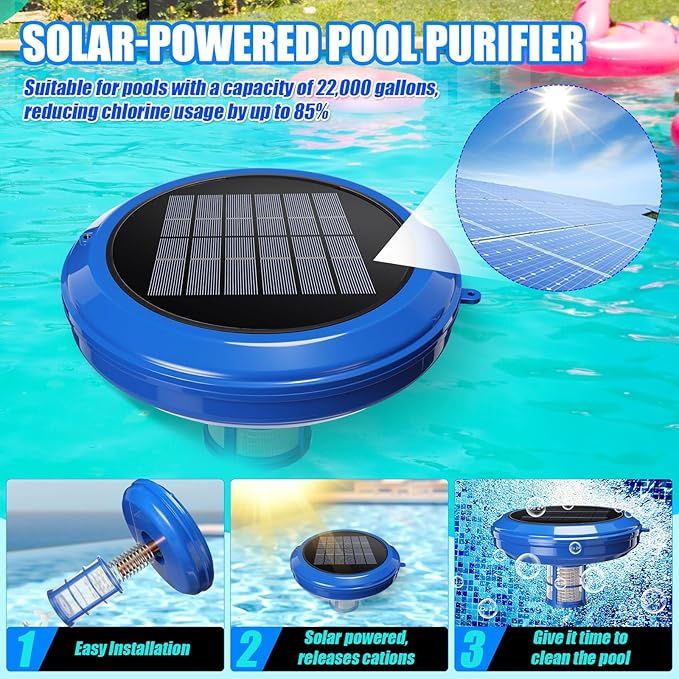 Solar Pool Ionizer & Cleaner: Automatic Floating Water Purifier with Upgraded Copper Ionizer & 4 Scum Absorber Balls, Treats Up to 45, 000 Gallons for Above/In-Ground Pools & Spas