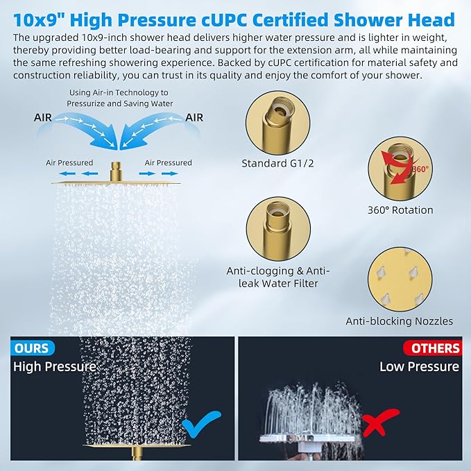Hibbent All Metal cUPC Certified Rain Shower Head, 10'' High Pressure Rainfall Showerhead with 16" Shower Head Extension Arm, Brass Adjustable Shower Arm Extender, Fixed Showerheads, Brushed Gold