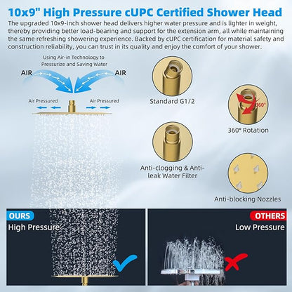 Hibbent All Metal cUPC Certified Rain Shower Head, 10'' High Pressure Rainfall Showerhead with 16" Shower Head Extension Arm, Brass Adjustable Shower Arm Extender, Fixed Showerheads, Brushed Gold