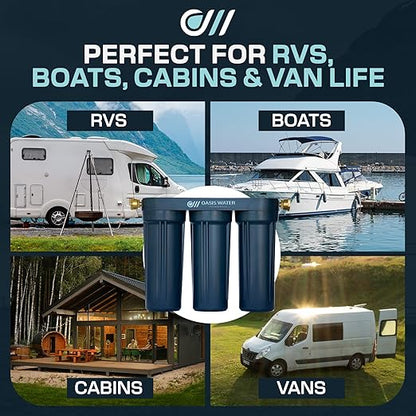 Stream RV Water Filter - Oasis Water Technologies Boat RV Filtration System - 3-Stage Camper Filtration for Iron, Heavy Metals, Sediment – Easy-to-Install Compact Filters for Boats, RVs - Made in USA