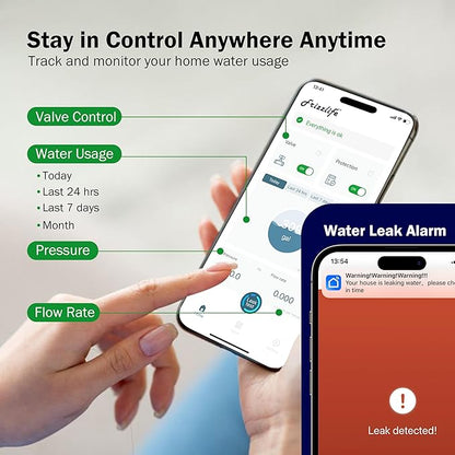 Frizzlife LP365-P Smart Water Monitor and Automatic Shutoff - 0.01 GPM Ultrasonic Micro Leak Detection, Wi-Fi / APP Control, Pressure+Flow Monitoring, 24/7 Water Usage Reports, Fits 3/4" and 1"