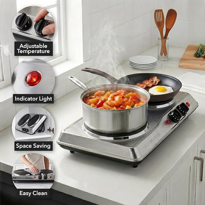 OVENTE Electric Cast Iron Double Burner, 1700W Hot Plate, Silver BGS102S | 7.25" & 6.10" Portable Countertop Cooktop, Stainless Steel, 5 Level Temperature Control, Indicator Light, Easy-to-Clean