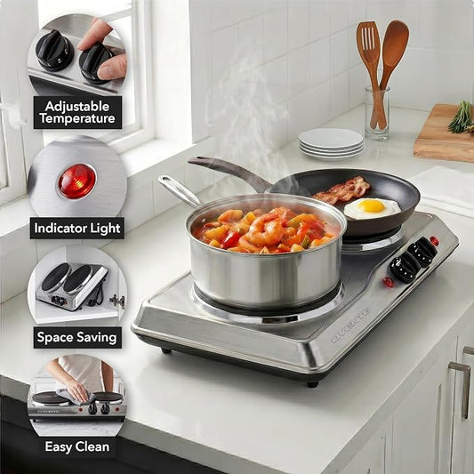 OVENTE Electric Cast Iron Double Burner, 1700W Hot Plate, Silver BGS102S | 7.25" & 6.10" Portable Countertop Cooktop, Stainless Steel, 5 Level Temperature Control, Indicator Light, Easy-to-Clean
