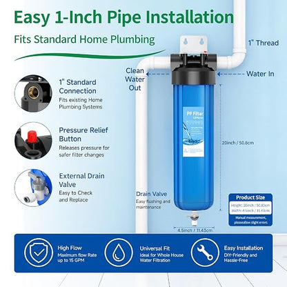 Whole House 20"x4.5" Blue PP Sediment Pre-Filter Housing with Drain Valve | Filters sediment, rust & dirt, pre-filter for city & well water, easy DIY install, includes 1 pack PP filter and 2 valves
