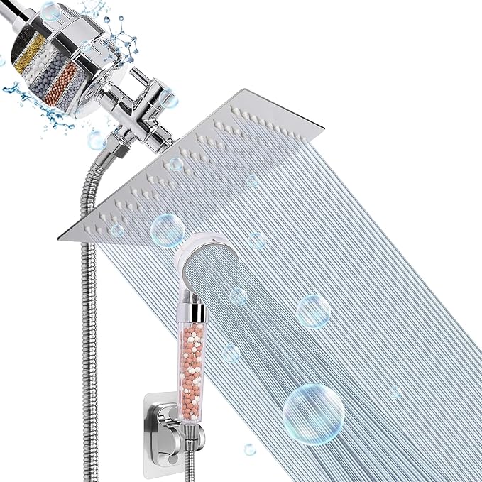 HarJue Filter Shower Head, High Pressure 8 Inch Rainfull with Filter Combo for Hard Water, Remove Chlorine Fluoride and Harmful Substances- 1 Replaceable Filter Cartridge (Square, Chrome)