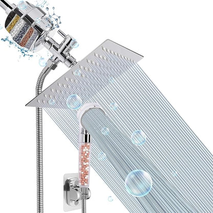 HarJue Filter Shower Head, High Pressure 8 Inch Rainfull with Filter Combo for Hard Water, Remove Chlorine Fluoride and Harmful Substances- 1 Replaceable Filter Cartridge (Square, Chrome)