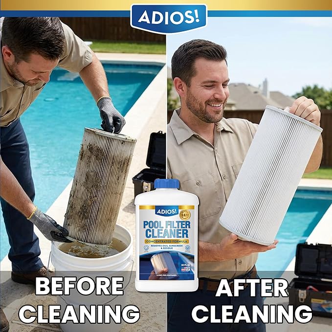ADIOS! Pool Filter Cleaner, Deep Cleaning Soak Solution for Cartridge, Sand and DE Filters – Degreases and Restores Media -16oz (Pint)