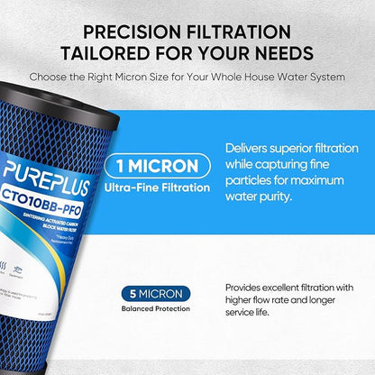 PUREPLUS 1 Micron 10" x 4.5" Whole House PFAS Removal Replacement Water Filter, Coconut Shell Activated Carbon Filter, Compatible with WFHDC8001, GXWH40L, GXWH35F, CB-BB-10, CTO10BB, 2 PACK