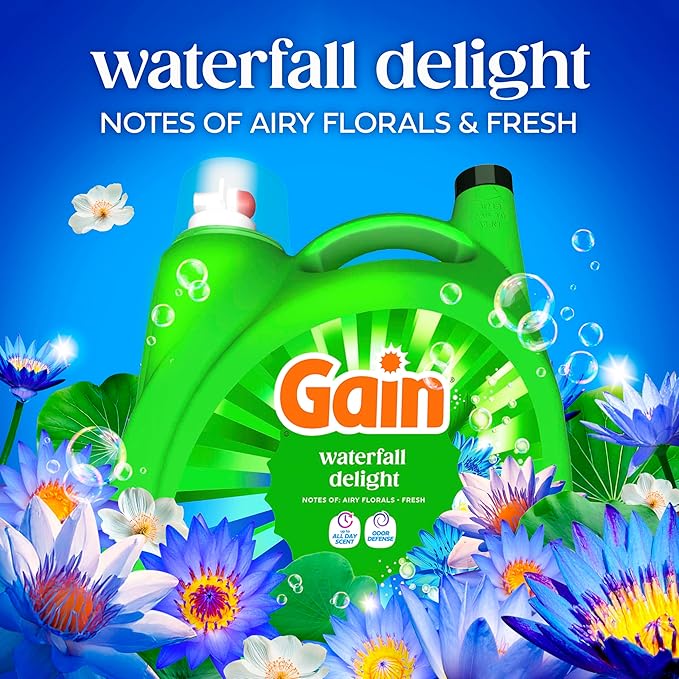 Gain Liquid Laundry Detergent, Now with Odor Defense, Waterfall Delight Scent, 132 fl oz, 100 Loads (Packaging May Vary)