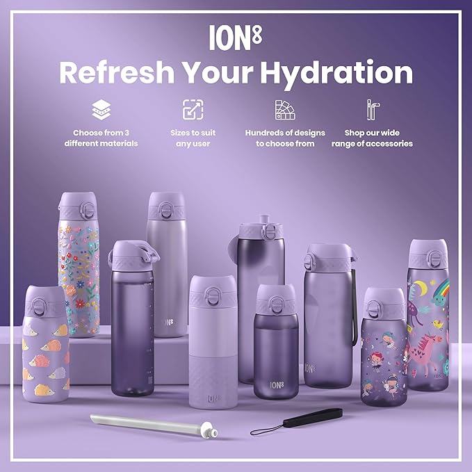 ION8 Insulated Steel Water Bottle, 320 ml/11 oz, Leak Proof, Easy to Open, Secure Lock, Dishwasher Safe, Carry Handle, Hygienic Flip Cover, Scratch Resistant, Durable Stainless Steel, Light Purple