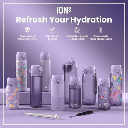 ION8 Insulated Steel Water Bottle, 320 ml/11 oz, Leak Proof, Easy to Open, Secure Lock, Dishwasher Safe, Carry Handle, Hygienic Flip Cover, Scratch Resistant, Durable Stainless Steel, Light Purple