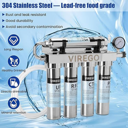 0.01μm Ultra Filtration Under Sink Water Filter System with Real-time Pressure Gauge, Water Filter Under Sink Import and Export Dimension Are DN15, for 99.99% Cl Reduction (with 5 Filter and 1 Faucet)