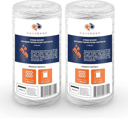 Aquaboon 1 Micron String Wound Water Filter 10x4.5 Replacement - Whole House Water Filter Cartridge Compatible with WP5BB97P,WP10BB97P, AP810, 2-Pack