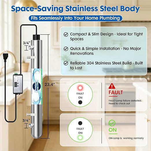 Whole House UV Water Filter System 80W 120V, 12GPM High Flow Whole Home Water Purifier with 3/4” MNPT Ports Equipped with Intelligent Water Flow Switch | UV water treatment system for city & well supply; Smart flow sensor enables fully auto-runs and ex...