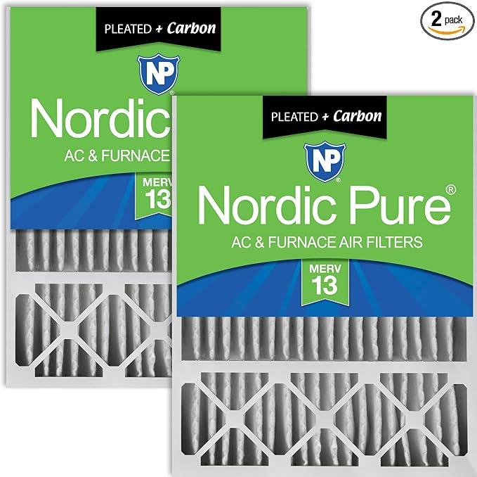 Nordic Pure 20x25x5 Pleated MERV 13 Plus Carbon Air Filters 2 Pack | Actual Size: 19 7/8 x 24 7/8 x 4 3/8 Honeywell Replacement Made in USA, Advanced HVAC Furnace Filtration & Odor Control