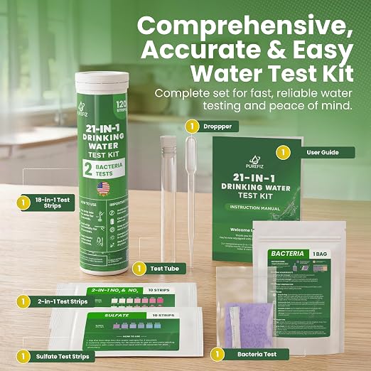 21-in-1 Drinking Water Test Kit – 120 Strips + 2 Bacteria Tests – Easy DIY Testing for Tap, Well & Spring Water – Tests Lead, Fluoride, Iron, Hardness, pH, Chlorine, Copper, Bacteria & More