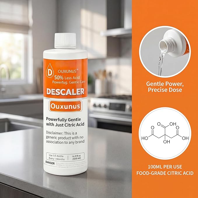 Gentle Descaling Solution Compatible with DeLonghi Coffee Machines, 16.9 fl Oz Professional Formula for Hard Water & Well Users, （5 Uses Descaler）