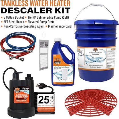 Tankless Water Heater Flush Kit with Certified Liquid Descaling Solution and 1/6HP Heavy Duty Pump with 25 Ft Extra Long Power Cord