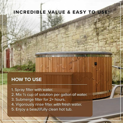 Hot Tub Filter Cleaner - 6 Month Supply - 4 to 8 Uses - 32 oz Spa Filter Cartridge Cleaner - Hot Tub & Pool Filter Cleaner Soaking Solution - No Residue or Foam - Restores Filter - Safe & Non-Toxic