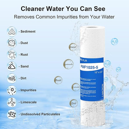 5 Micron 10" x 2.5" Sediment Filter, Whole House Water Filter Cartridge Replacement for Any 10 inch RO Unit, Compatible with Culligan P5, GE FXUSC, WFPFC5002, AP110, WHKF-GD05, Pack of 6
