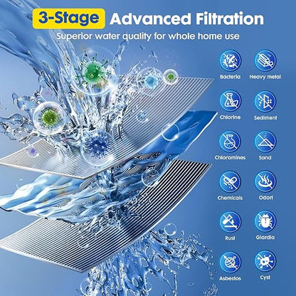 Whole House Water Filter System,3 Stage Whole Home Water Softener System, Reduces Chlorine Sediment Odor for Healthier Skin,Extra 2 Sets Filter Included, 1-2 Year Service Life,2 Valves & 3/4" Ports
