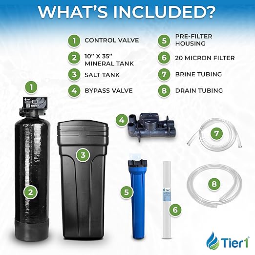 Tier1 Whole House Water Softener System 32000 Grain Capacity | Compact High Efficiency Design with Ceramic Control Valve | Preloaded 1 Cubic Foot Resin Tank | Home Filtration System for 3 to 4 Baths