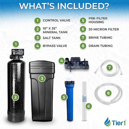 Tier1 Whole House Water Softener System 32000 Grain Capacity | Compact High Efficiency Design with Ceramic Control Valve | Preloaded 1 Cubic Foot Resin Tank | Home Filtration System for 3 to 4 Baths