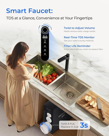 Waterdrop X16 Tankless Reverse Osmosis System, Alkaline Mineral, NSF/ANSI 42&58&372 Certified, 1600 GPD RO System, 11-Stage Filtration, UnderSink, 3:1 Pure to Drain, Smart Black Faucet, BPA Free
