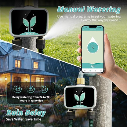 QUOBAS Smart WiFi Water Timer for Garden Hose, 2 Zone Brass Sprinkler Timer with App Control & Rain Delay/Auto/Manual 3 Modes for Drip Irrigation, Pool & Lawn, Battery Powered, 2.4GHz WiFi Only