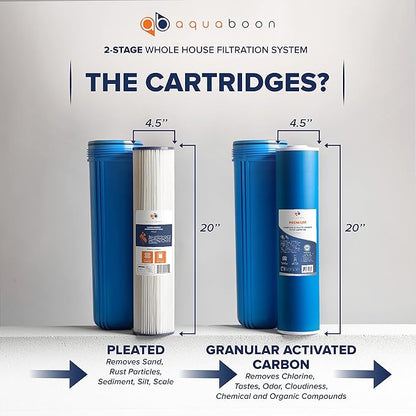 Aquaboon 2-Stage Whole House Water Filter System with 20x4.5 Water Filters Against Sediment & Chlorine | Gauge & Release, Wrench, Bracket Included