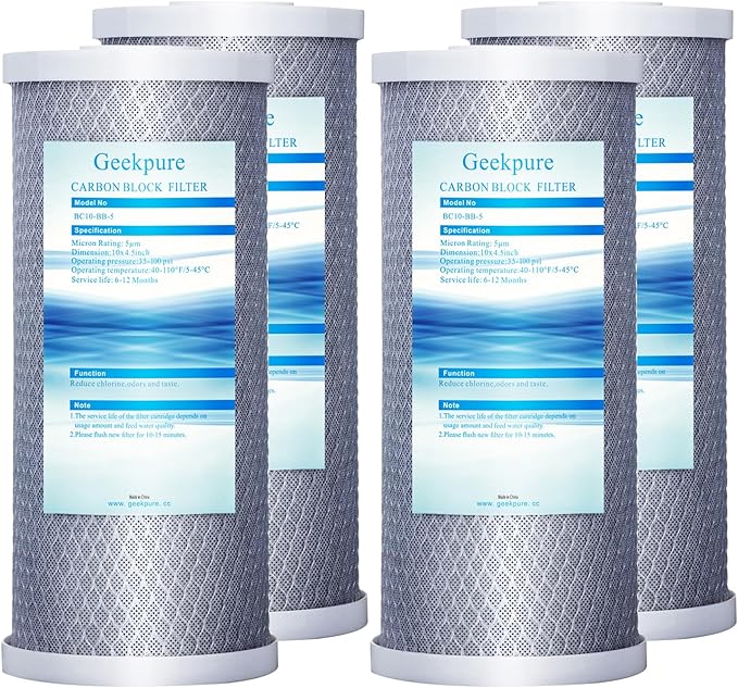 Geekpure 10 Inch Carbon Block Water Filter Reduce Chlorine Taste Odors for Whole House Filtration- 4.5 Inch x 10 Inch -5 Micron-Pack of 4